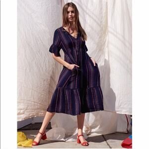Sundry Metallic Stripe Cotton Gauze Midi Dress Navy Red Silver S